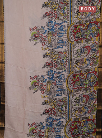 Kalamkari semi silk saree beige and black with allover prints and mangalgiri border