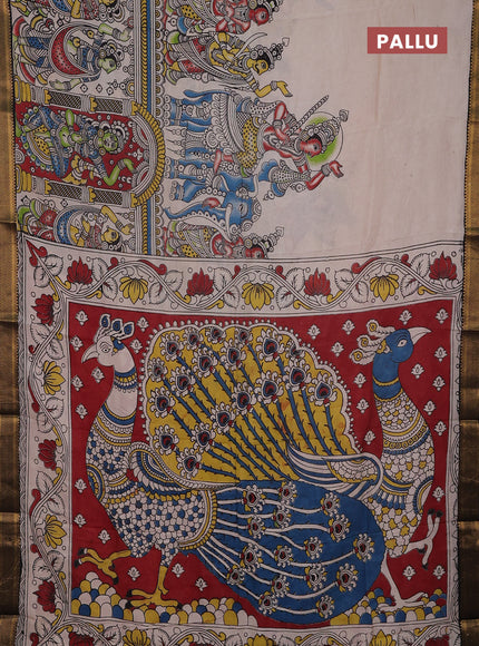 Kalamkari semi silk saree beige and black with allover prints and mangalgiri border