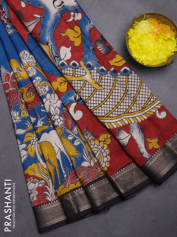 Kalamkari semi silk saree cs blue and black with allover prints and mangalgiri border