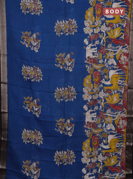 Kalamkari semi silk saree cs blue and black with allover prints and mangalgiri border
