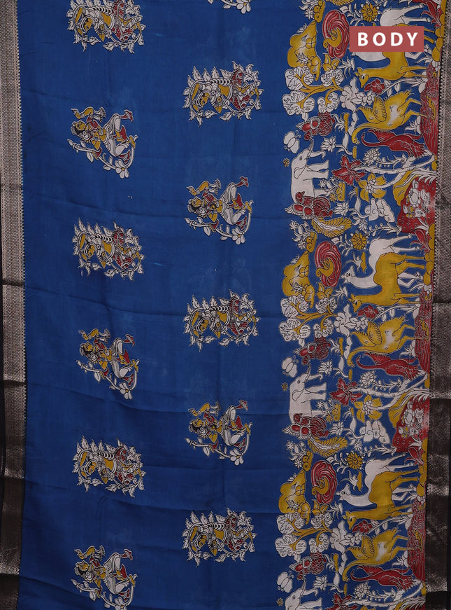 Kalamkari semi silk saree cs blue and black with allover prints and mangalgiri border