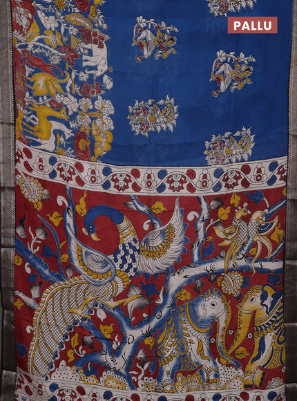 Kalamkari semi silk saree cs blue and black with allover prints and mangalgiri border