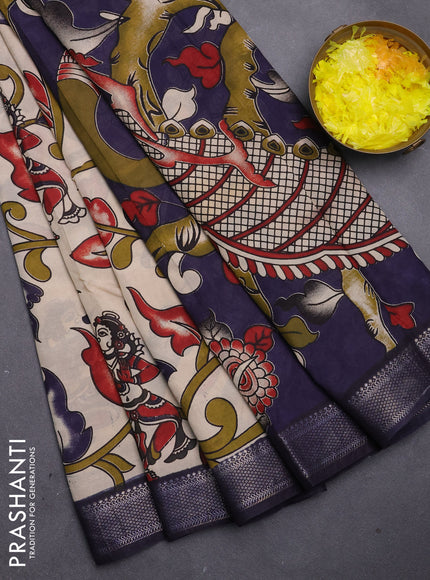 Kalamkari semi silk saree beige and navy blue with allover prints and mangalgiri border