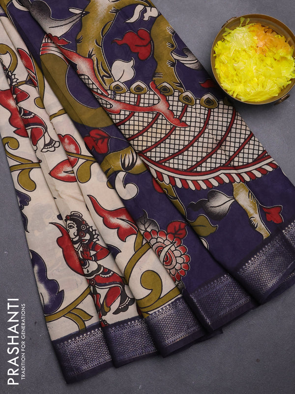 Kalamkari semi silk saree beige and navy blue with allover prints and mangalgiri border