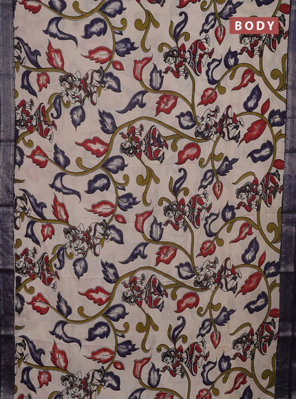 Kalamkari semi silk saree beige and navy blue with allover prints and mangalgiri border