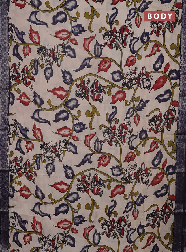 Kalamkari semi silk saree beige and navy blue with allover prints and mangalgiri border