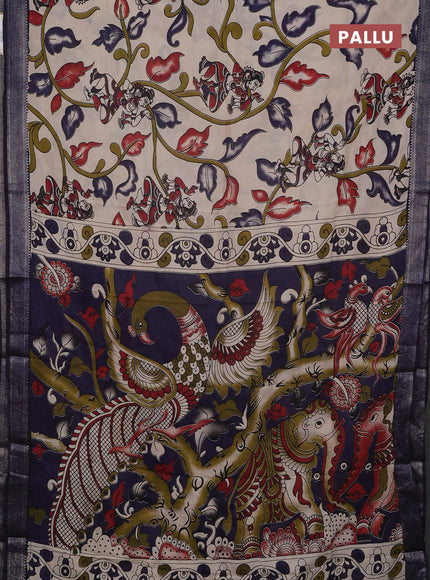 Kalamkari semi silk saree beige and navy blue with allover prints and mangalgiri border