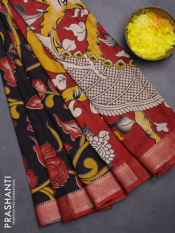 Kalamkari semi silk saree black and maroon with allover prints and mangalgiri border