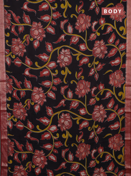 Kalamkari semi silk saree black and maroon with allover prints and mangalgiri border
