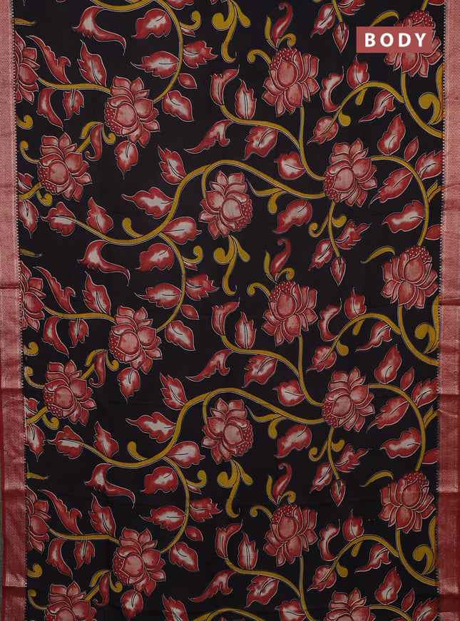 Kalamkari semi silk saree black and maroon with allover prints and mangalgiri border