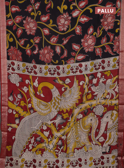 Kalamkari semi silk saree black and maroon with allover prints and mangalgiri border