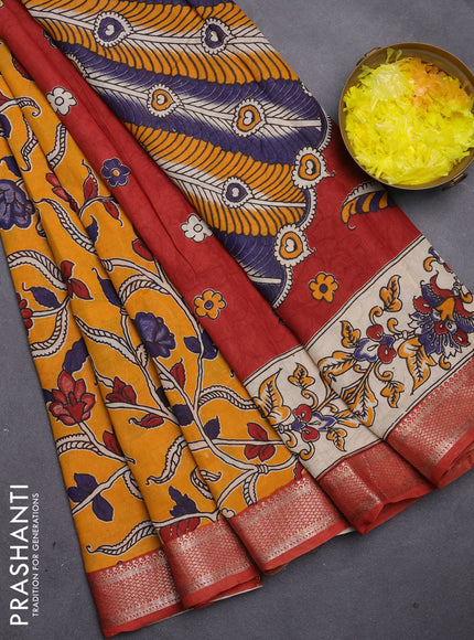 Kalamkari semi silk saree mustard yellow and rust shade with allover prints and mangalgiri border