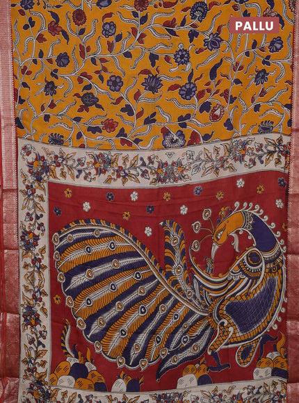 Kalamkari semi silk saree mustard yellow and rust shade with allover prints and mangalgiri border