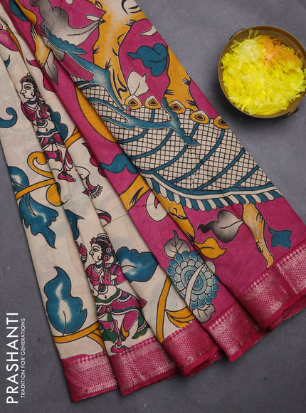 Kalamkari semi silk saree beige and pink with allover prints and mangalgiri border