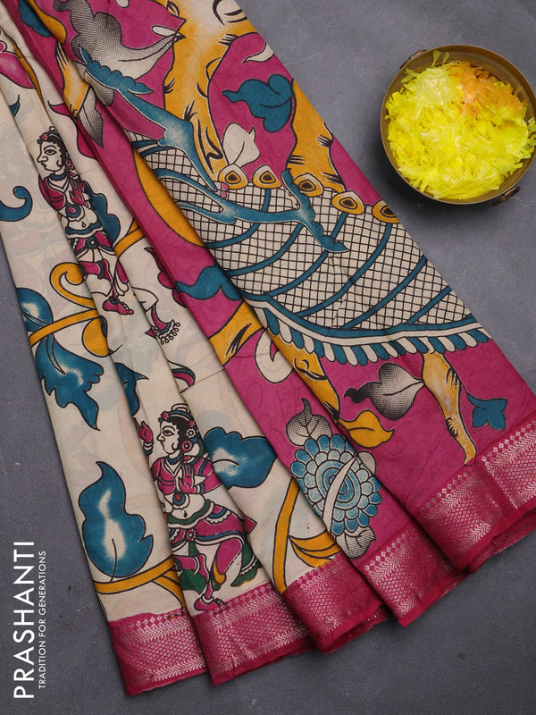 Kalamkari semi silk saree beige and pink with allover prints and mangalgiri border