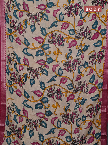 Kalamkari semi silk saree beige and pink with allover prints and mangalgiri border