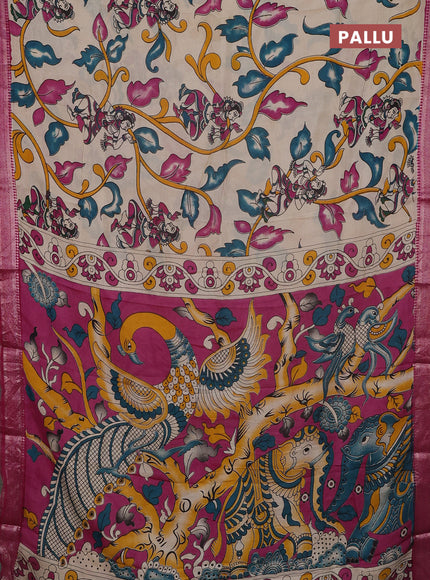 Kalamkari semi silk saree beige and pink with allover prints and mangalgiri border