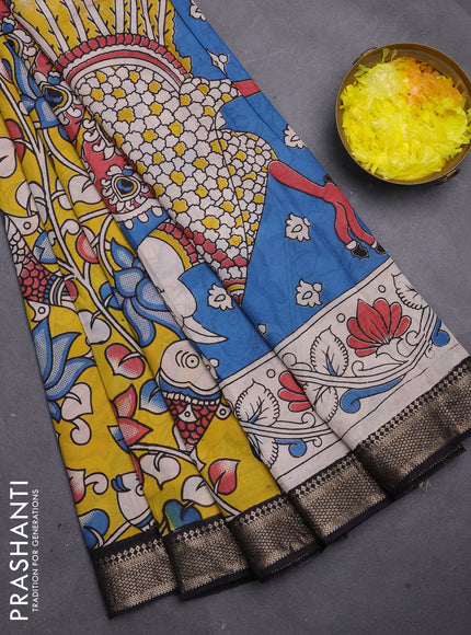 Kalamkari semi silk saree yellow and black with allover prints and mangalgiri border