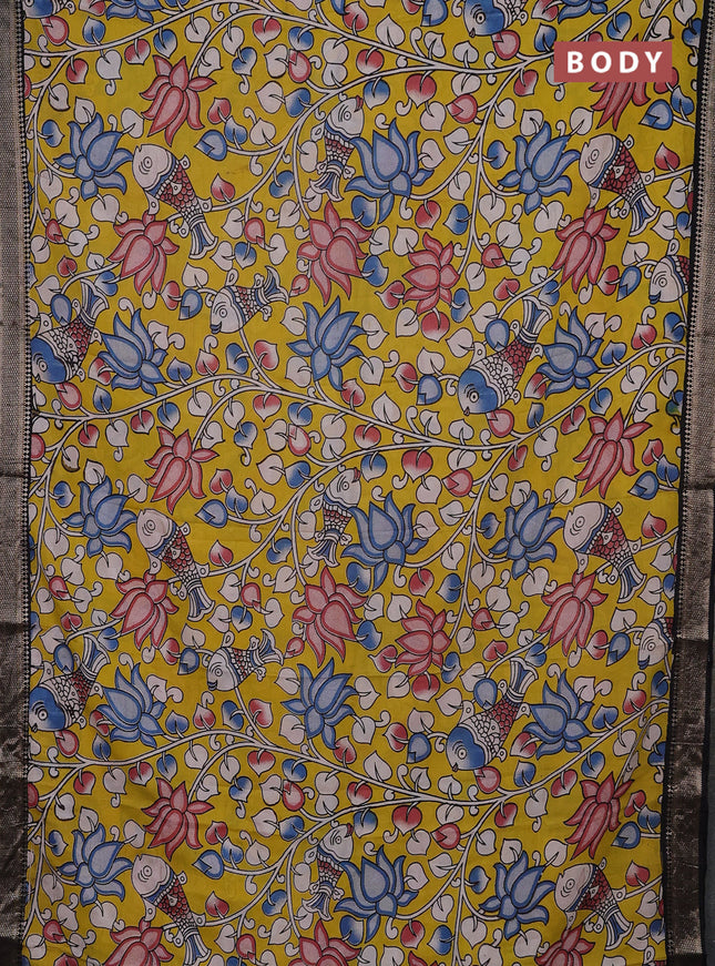 Kalamkari semi silk saree yellow and black with allover prints and mangalgiri border