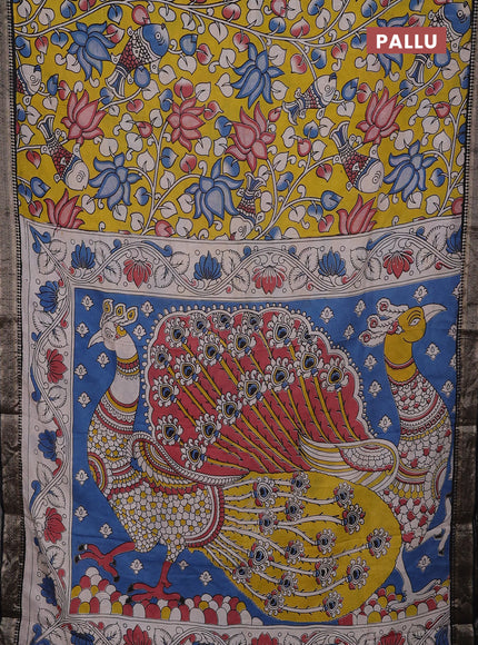 Kalamkari semi silk saree yellow and black with allover prints and mangalgiri border