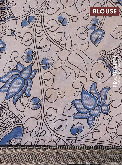 Kalamkari semi silk saree yellow and black with allover prints and mangalgiri border