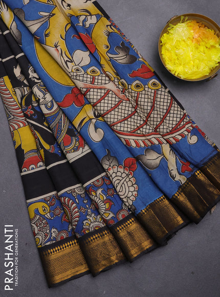 Kalamkari semi silk saree black with allover prints and mangalgiri border
