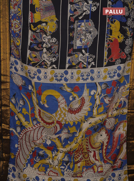 Kalamkari semi silk saree black with allover prints and mangalgiri border