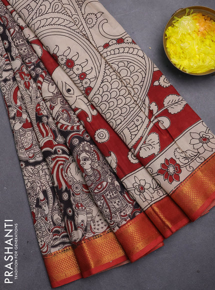 Kalamkari semi silk saree beige and maroon with allover prints and mangalgiri border