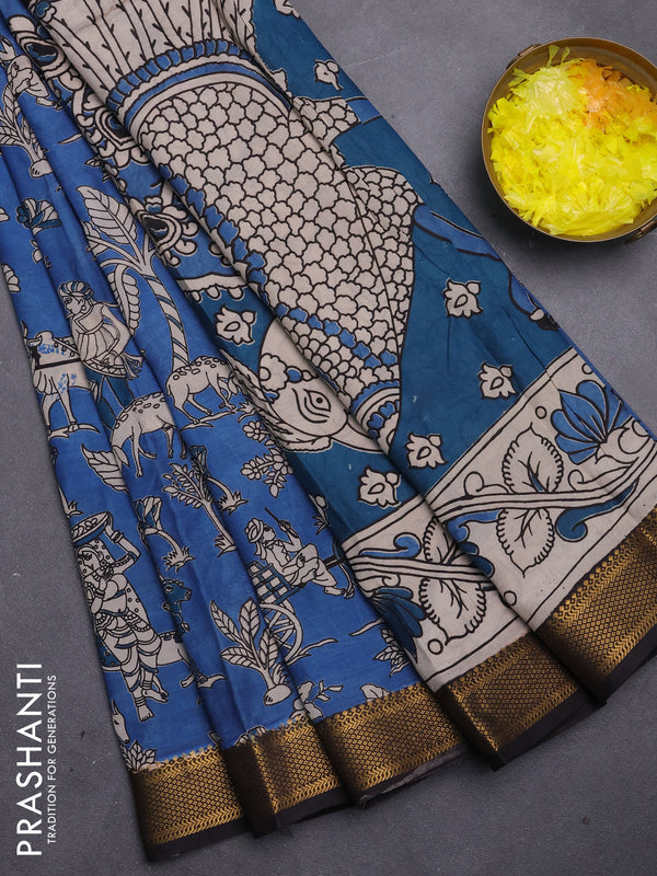 Kalamkari semi silk saree peacock blue and black with allover pichwai prints and mangalgiri border