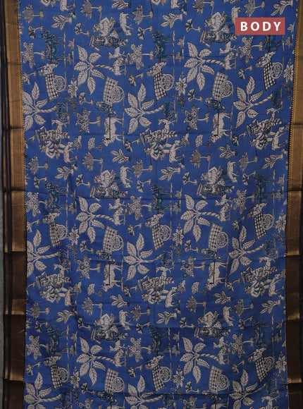 Kalamkari semi silk saree peacock blue and black with allover pichwai prints and mangalgiri border