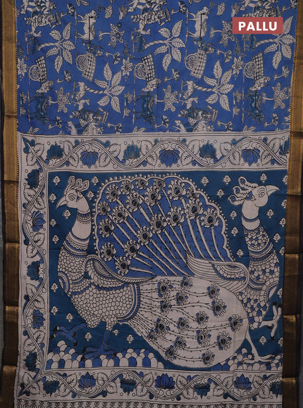 Kalamkari semi silk saree peacock blue and black with allover pichwai prints and mangalgiri border