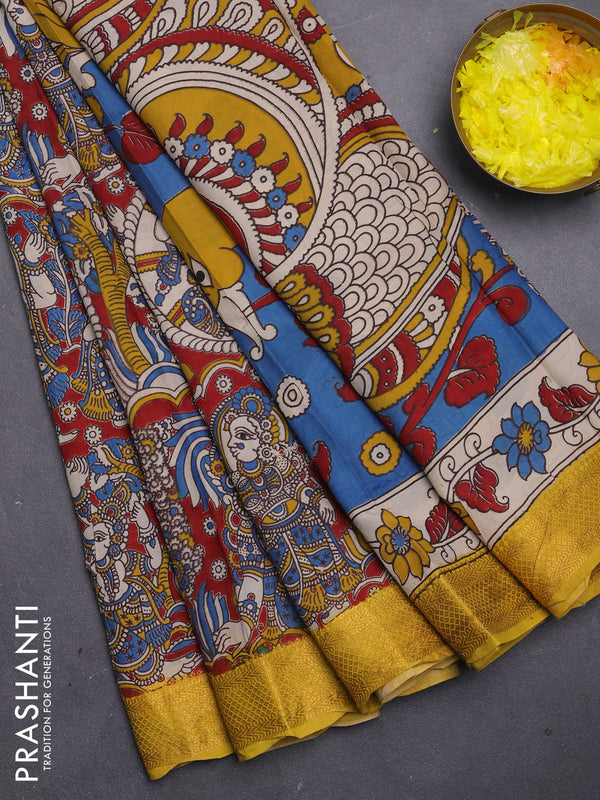 Kalamkari semi silk saree cs blue and yellow with allover prints and mangalgiri border