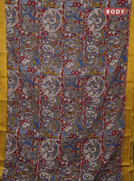Kalamkari semi silk saree cs blue and yellow with allover prints and mangalgiri border