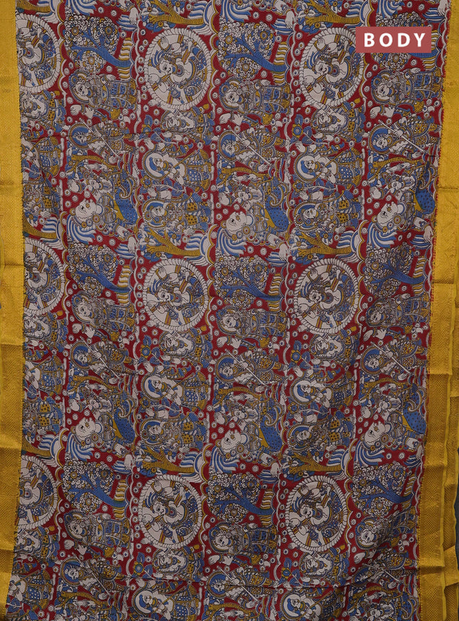 Kalamkari semi silk saree cs blue and yellow with allover prints and mangalgiri border