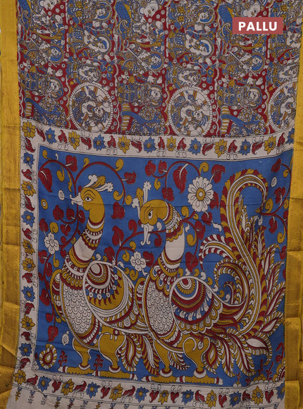 Kalamkari semi silk saree cs blue and yellow with allover prints and mangalgiri border