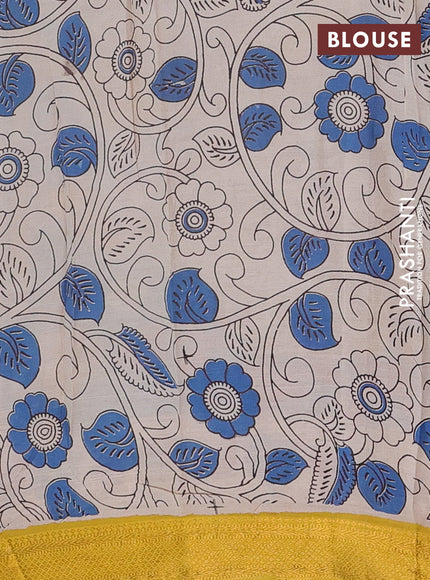 Kalamkari semi silk saree cs blue and yellow with allover prints and mangalgiri border