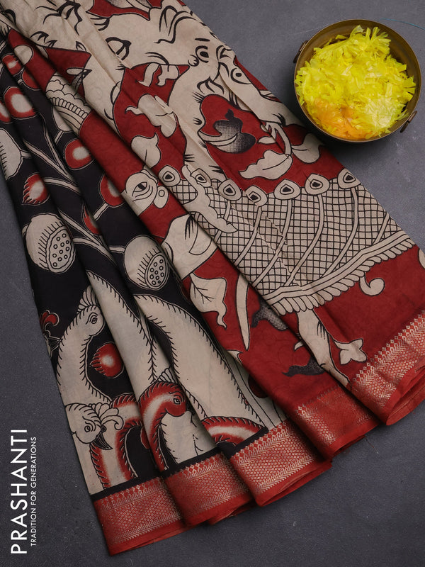 Kalamkari semi silk saree black and rust shade with allover prints and mangalgiri border