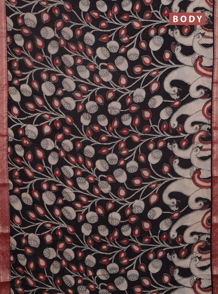 Kalamkari semi silk saree black and rust shade with allover prints and mangalgiri border