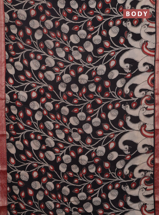 Kalamkari semi silk saree black and rust shade with allover prints and mangalgiri border