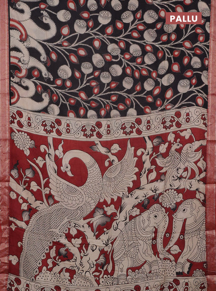 Kalamkari semi silk saree black and rust shade with allover prints and mangalgiri border