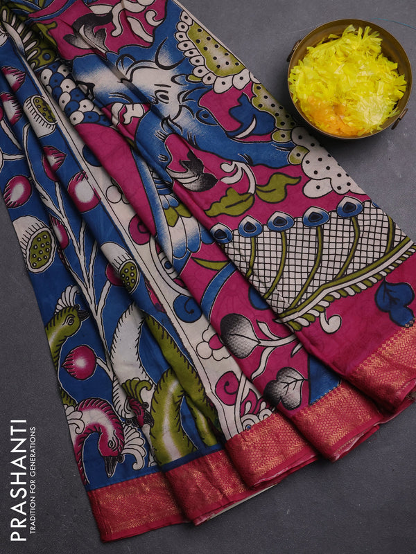 Kalamkari semi silk saree cs blue and pink with allover prints and mangalgiri border