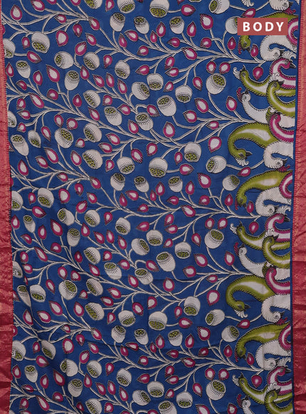 Kalamkari semi silk saree cs blue and pink with allover prints and mangalgiri border
