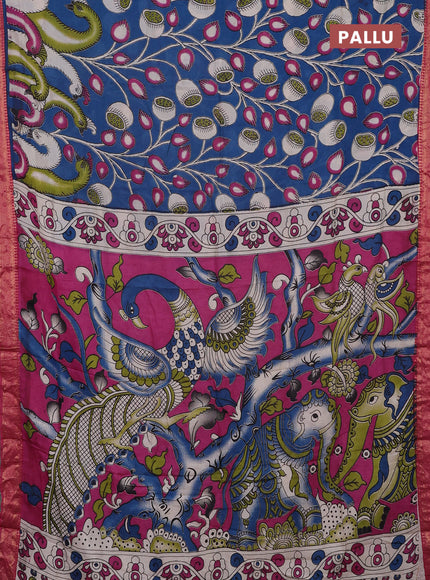 Kalamkari semi silk saree cs blue and pink with allover prints and mangalgiri border