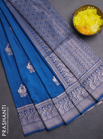 Semi soft silk saree peacock blue with zari woven buttas and zari woven border
