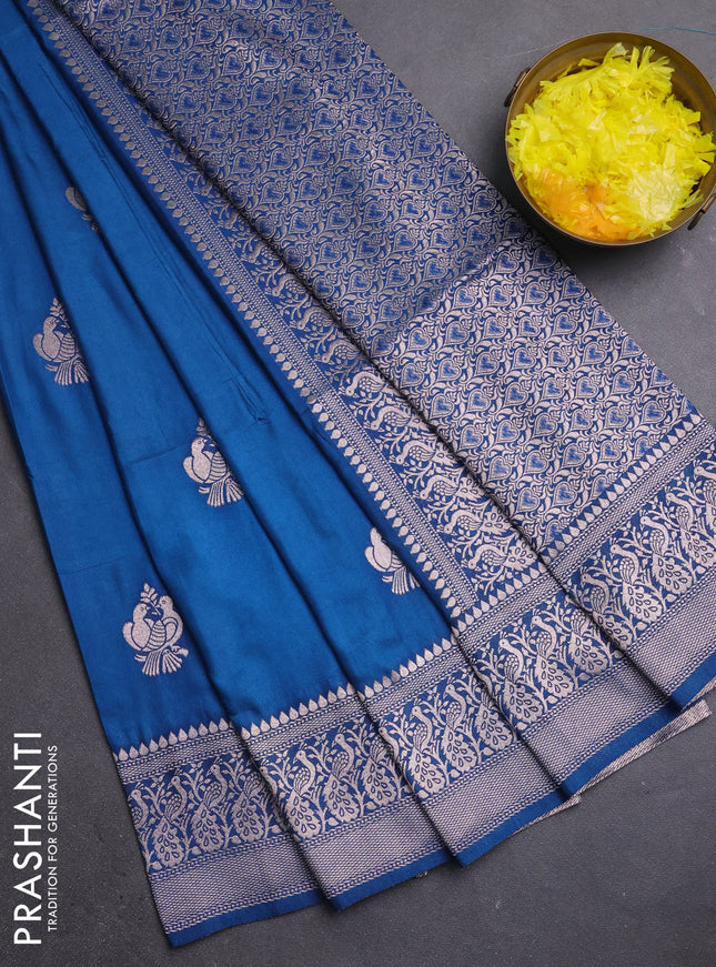 Semi soft silk saree peacock blue with zari woven buttas and zari woven border