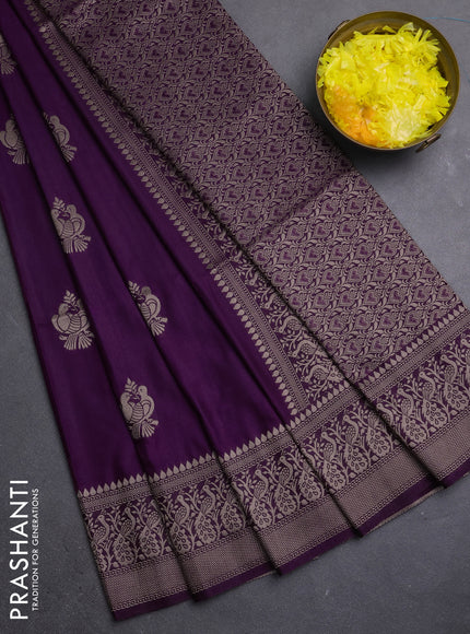 Semi soft silk saree deep purple with zari woven buttas and zari woven border