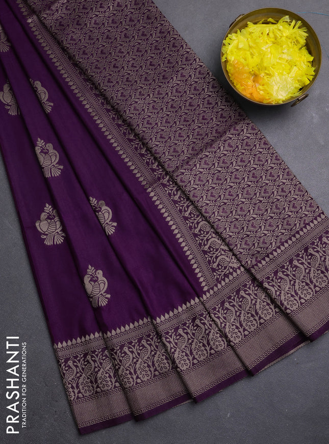 Semi soft silk saree deep purple with zari woven buttas and zari woven border