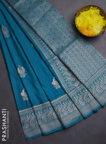 Semi soft silk saree cs blue with zari woven buttas and zari woven border