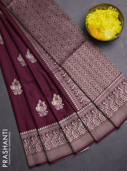 Semi soft silk saree deep wine shade with zari woven buttas and zari woven border