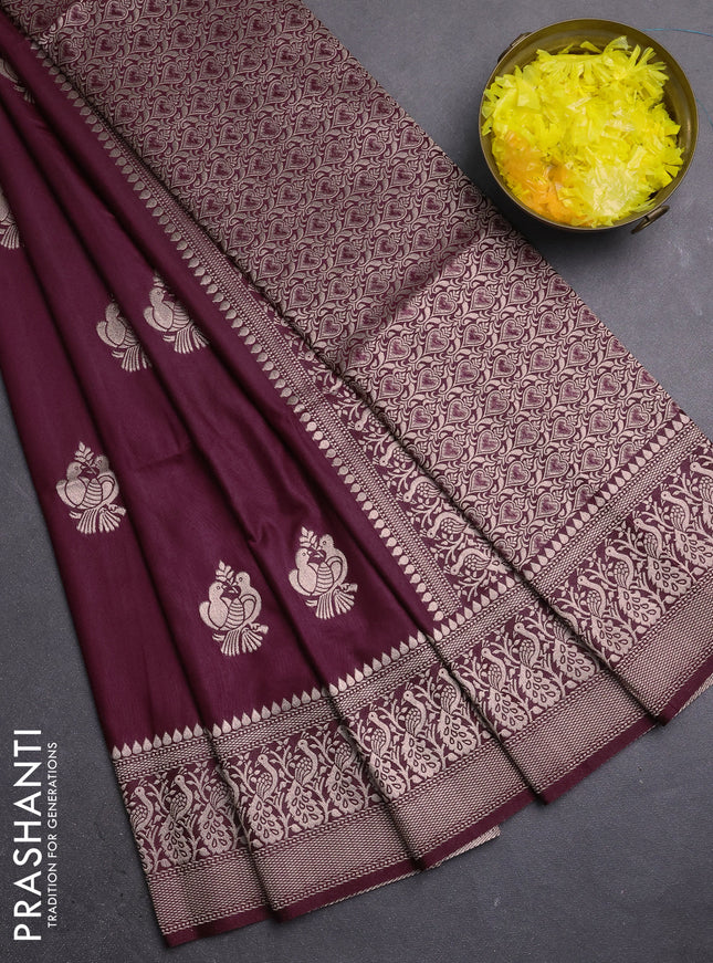 Semi soft silk saree deep wine shade with zari woven buttas and zari woven border